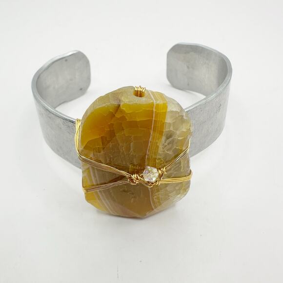 Golden Calcite Cuff Bracelet Wrapped Chunky Stone Boho Modern Silver tone - Picture 10 of 10